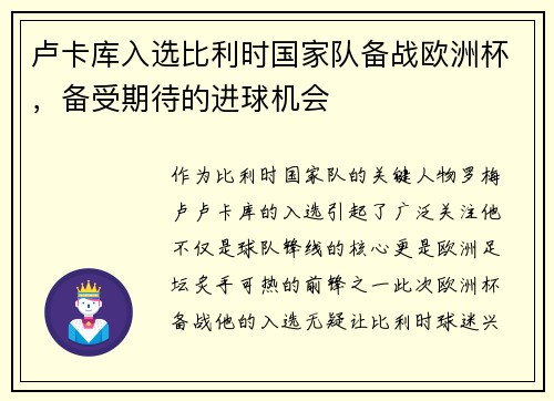 卢卡库入选比利时国家队备战欧洲杯，备受期待的进球机会